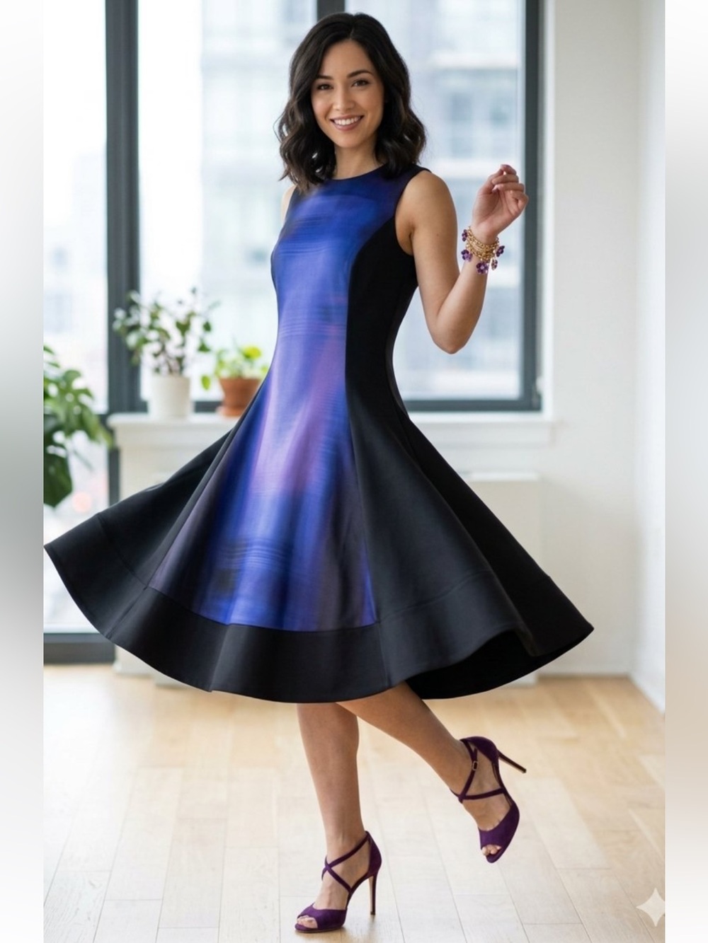 DKNY Black Ponte A-Line Midi Dress Contrast Center Panel New Size 10
